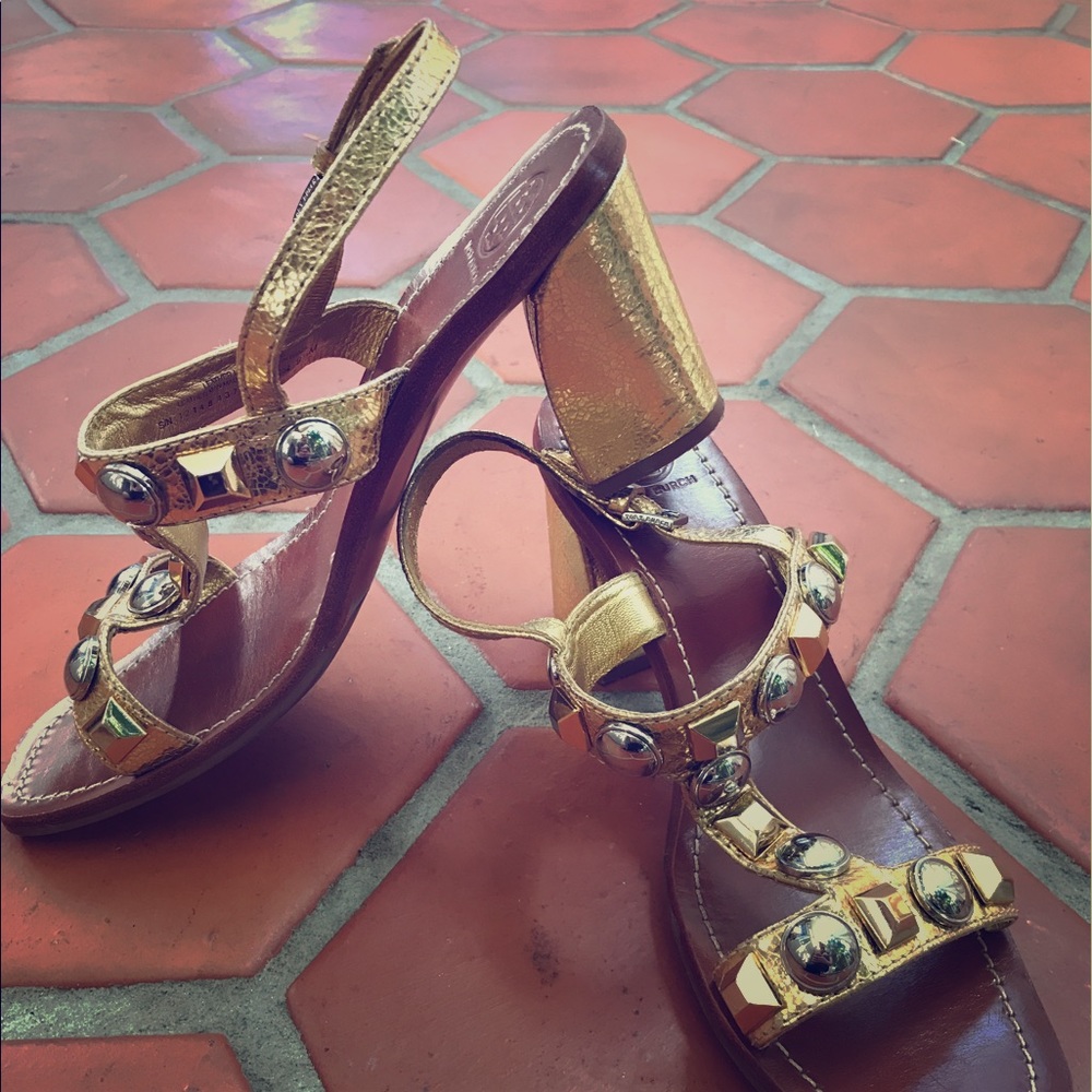 Gold and silver Tory Burch heeled sandals!