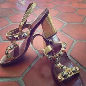 Gold and silver Tory Burch heeled sandals!