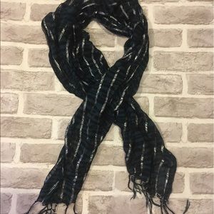 Green, black, and silver striped scarf