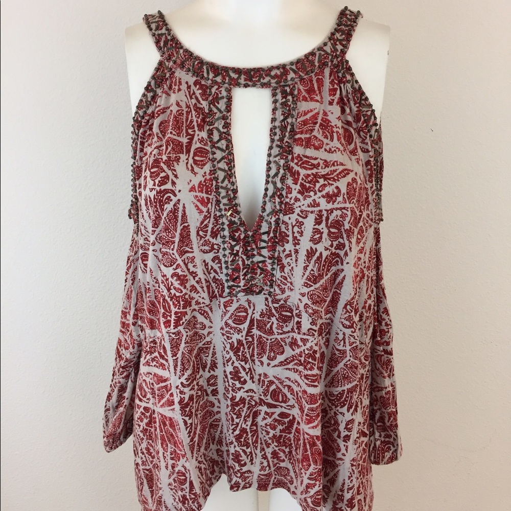 Free People Cold Shoulder Asymmetrical Beaded Top