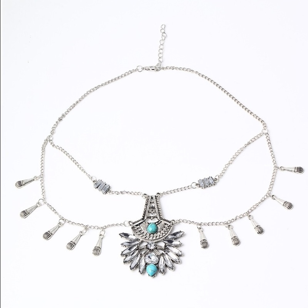 🛍Boho Turquoise Silver Crystal Statement Necklace - Picture 4 of 6