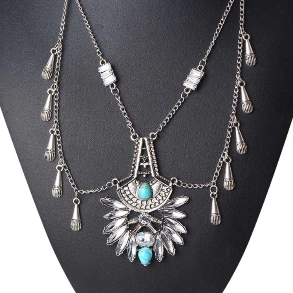 🛍Boho Turquoise Silver Crystal Statement Necklace - Picture 1 of 6