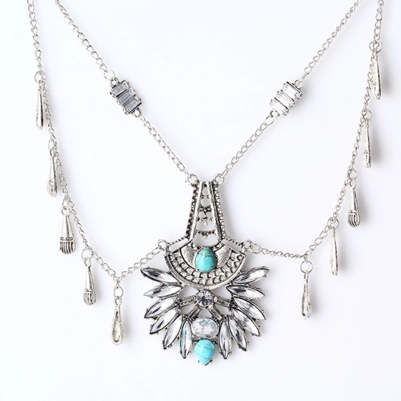 🛍Boho Turquoise Silver Crystal Statement Necklace - Picture 2 of 6