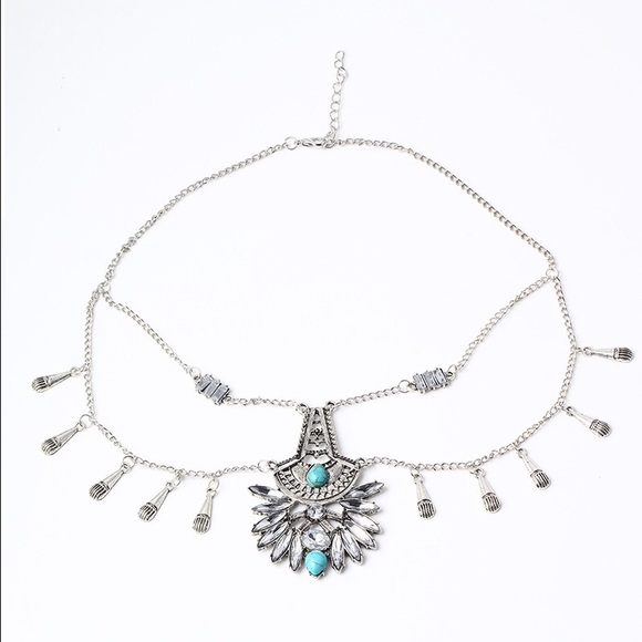 🛍Boho Turquoise Silver Crystal Statement Necklace - Picture 4 of 6