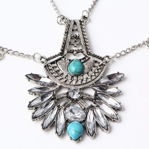 🛍Boho Turquoise Silver Crystal Statement Necklace - Picture 3 of 6