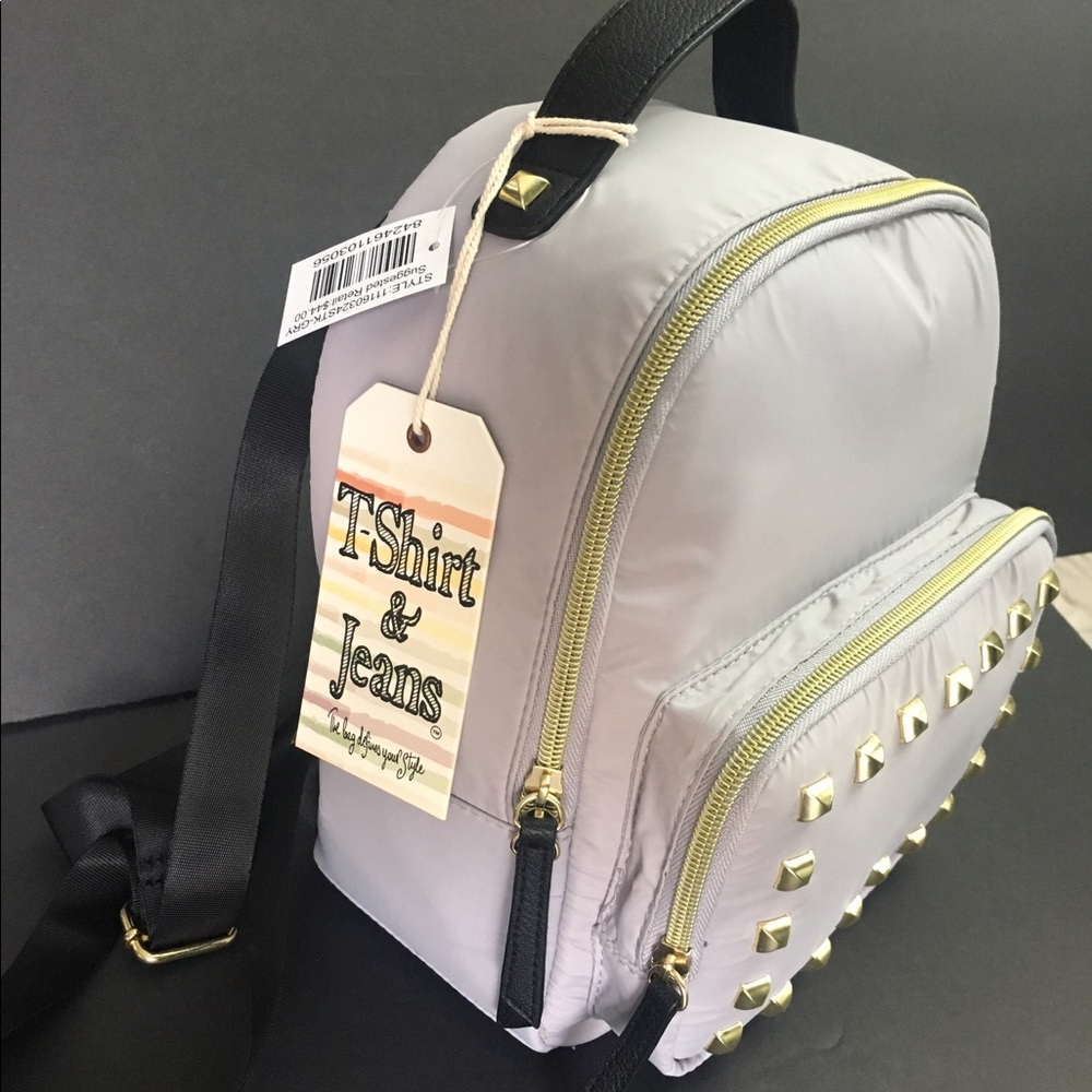 Grey gold studded backpack purse black straps