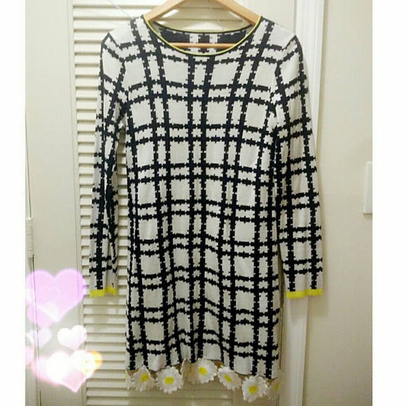 Chrysanthemum Flowers Decorated Knit Check Dress - Picture 1 of 3