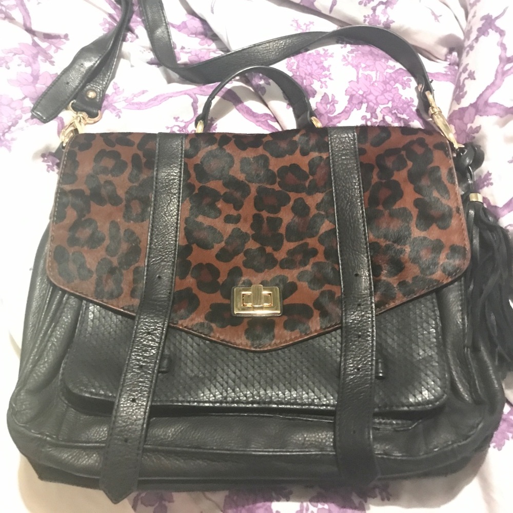 Cynthia Rowley Leopard and Black Messenger Leather