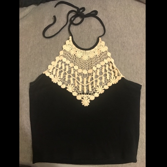 Black high neck top with lace detailing - Picture 1 of 3