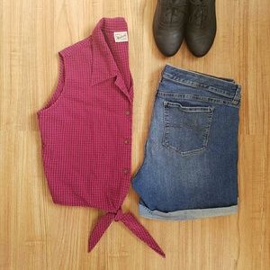 Vintage Tie Front Crop Top Sleeveless Plaid