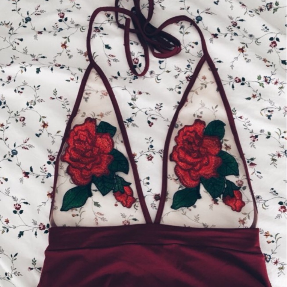 Red Sheer Rose Lace One Piece Bodysuit Swimsuit - Picture 5 of 8