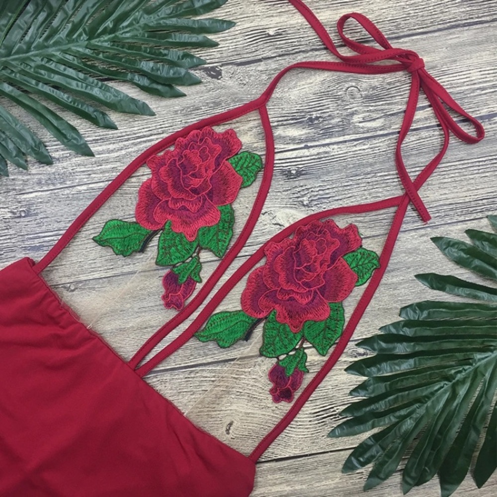 Red Sheer Rose Lace One Piece Bodysuit Swimsuit - Picture 8 of 8