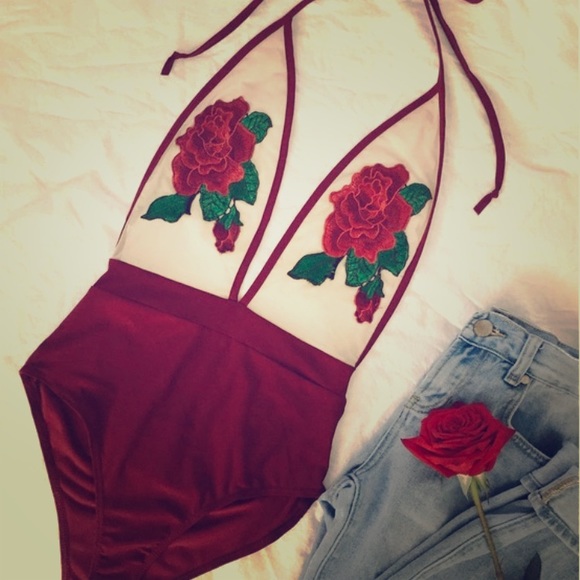 Red Sheer Rose Lace One Piece Bodysuit Swimsuit - Picture 3 of 8