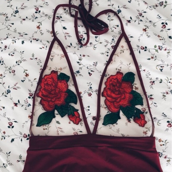 Red Sheer Rose Lace One Piece Bodysuit Swimsuit - Picture 5 of 8