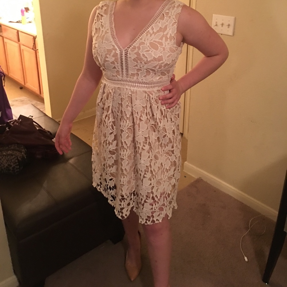 V-Neck crochet dress with nude slip