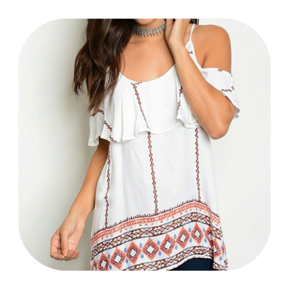 Tribal Ruffled Cold Shoulder Top - Picture 2 of 5