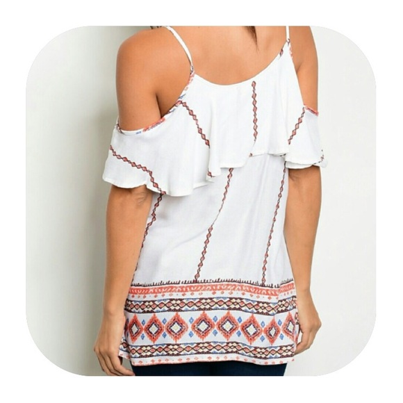 Tribal Ruffled Cold Shoulder Top - Picture 4 of 5