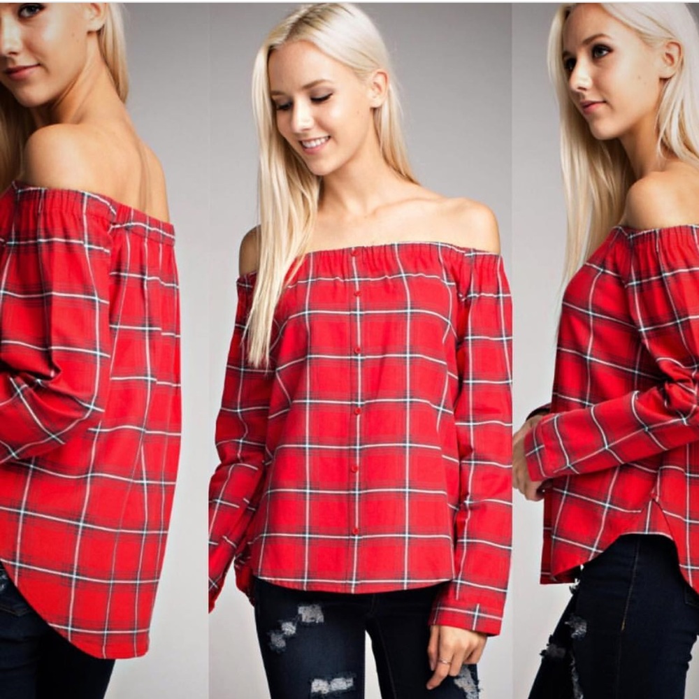 Honey Belle Flannel Off the Shoulder Shirt!