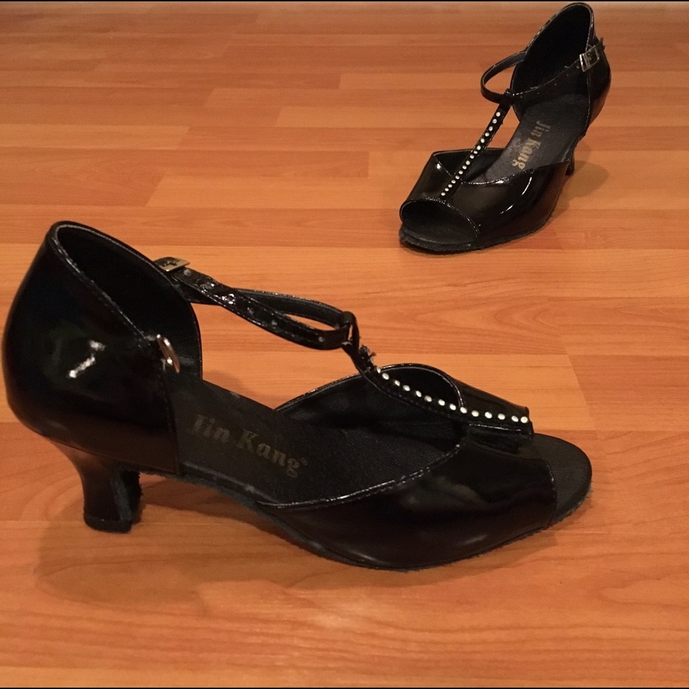 Black Patent Leather Ballroom Shoes w/ Rhinestones