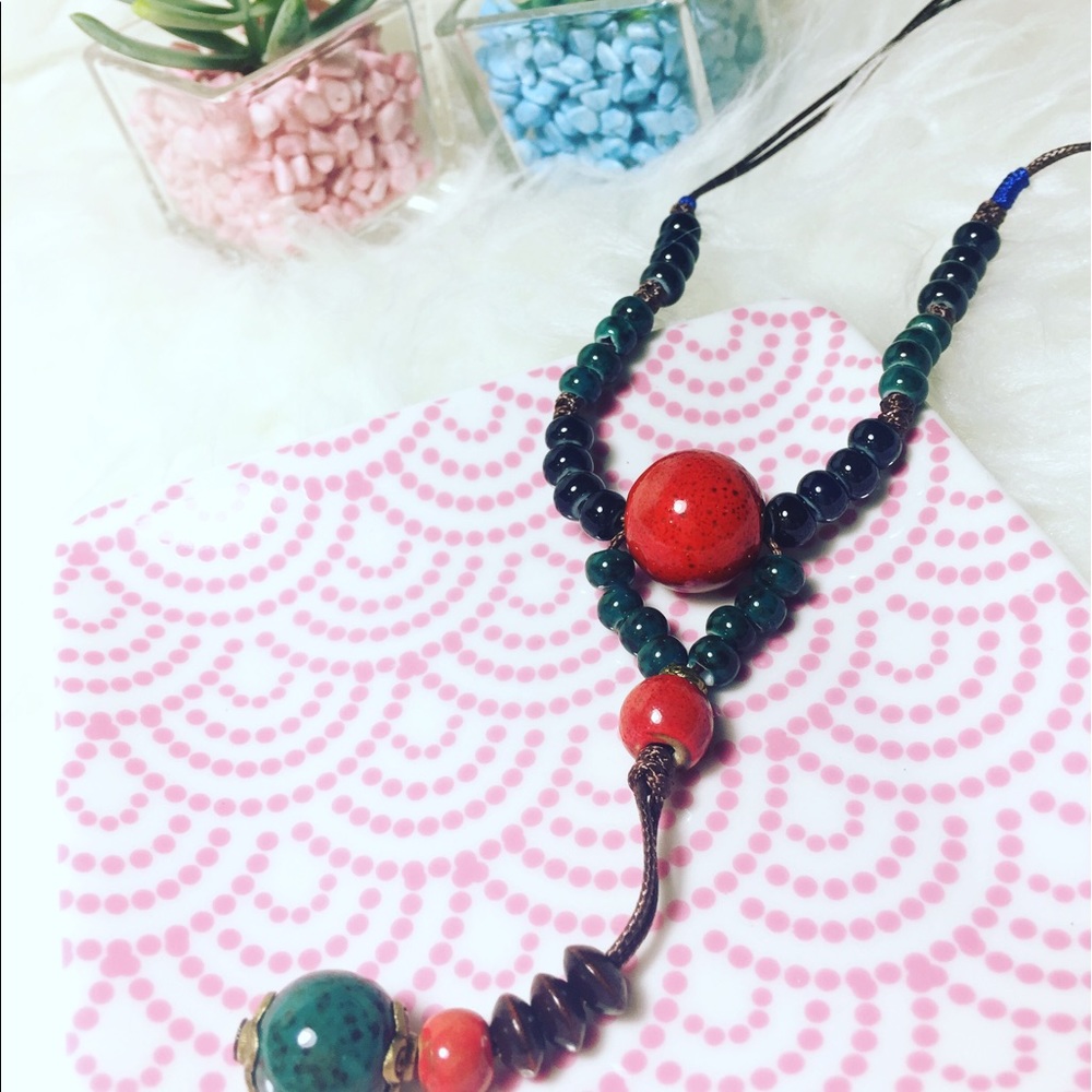 Handmade Ceramic Beaded Long Statement Necklace