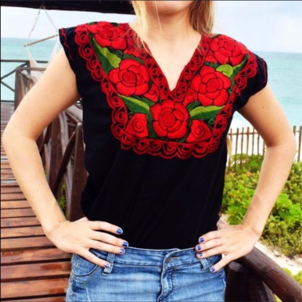 New Mexican Embroidered Blouse Black & Red Flowers