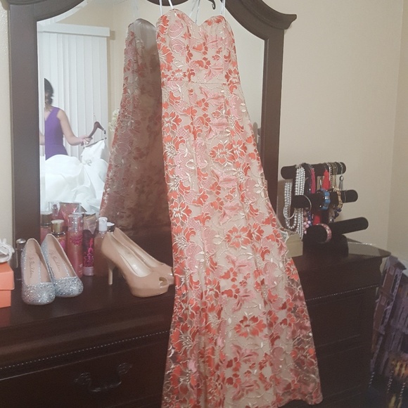 Gown Coral Pink Dress Formal Lace Embroidery Mermaid Party Wedding Prom Formal 7 - Picture 2 of 4