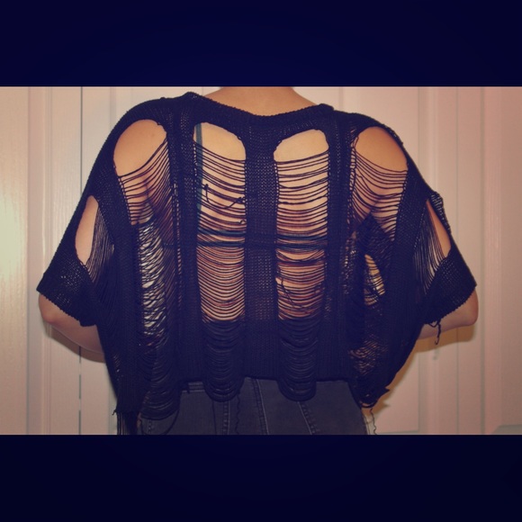 DISTRESSED black knit top. - Picture 1 of 4
