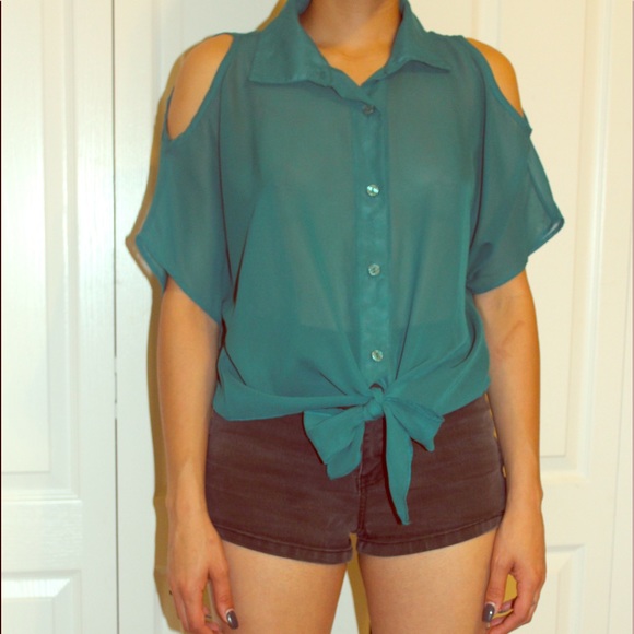 Teal blue SHEER button down top, tie bottom. - Picture 1 of 5