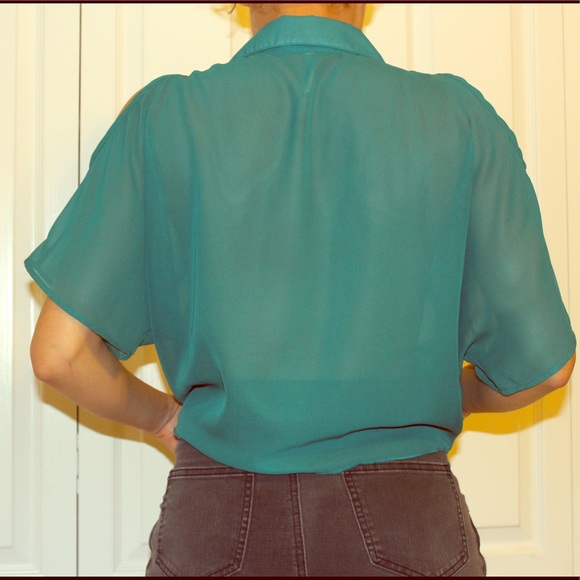 Teal blue SHEER button down top, tie bottom. - Picture 2 of 5