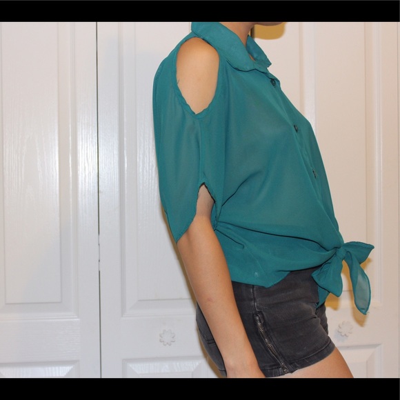 Teal blue SHEER button down top, tie bottom. - Picture 3 of 5