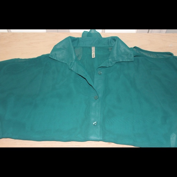 Teal blue SHEER button down top, tie bottom. - Picture 4 of 5