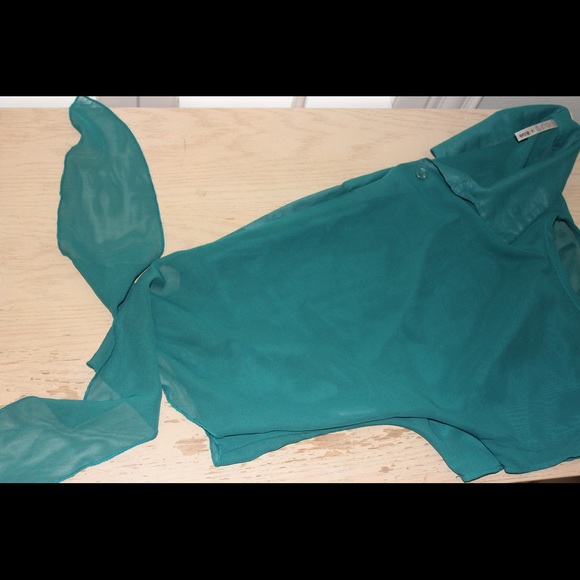 Teal blue SHEER button down top, tie bottom. - Picture 5 of 5
