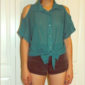 Teal blue SHEER button down top, tie bottom.