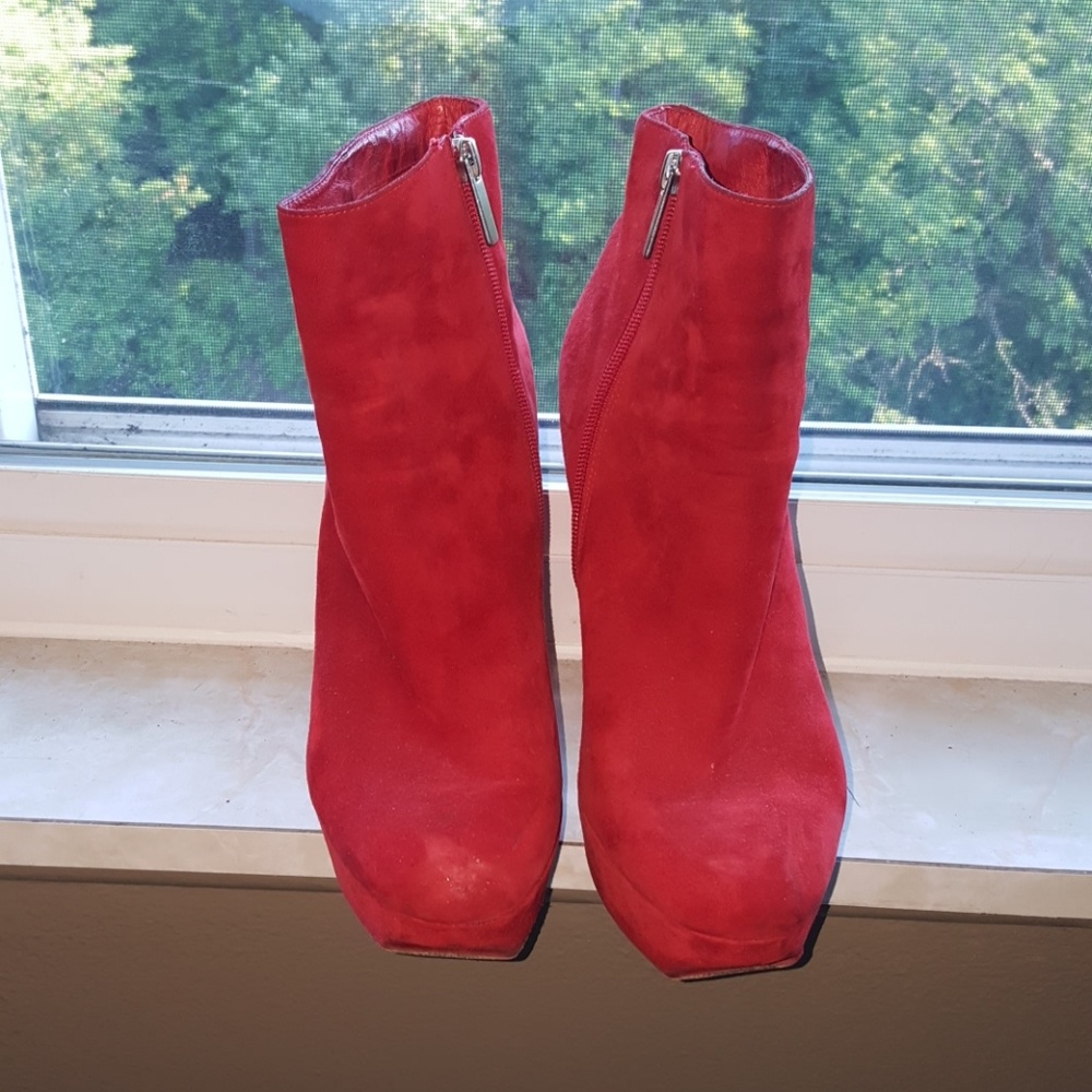 Red Platform Suede Ankle Boots