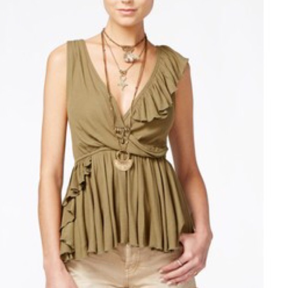🆕 NWT Free People Float Away Ruffle Tank size Small Khaki Green