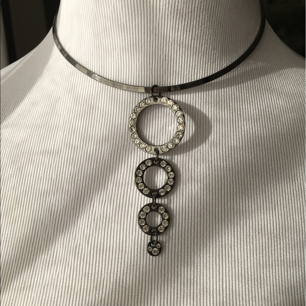 90s Gunmetal Rhinestone Circles Choker Necklace