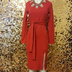 Red Orange Stretch Dress w/ Side Split & Tie Belt