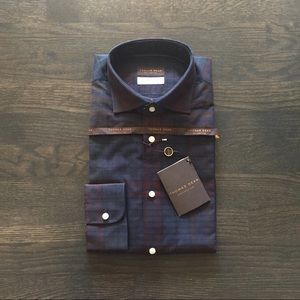 Italian Cotton Navy Plaid Dress Shirt