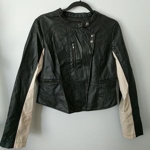 Material Girl black faux leather jacket with white