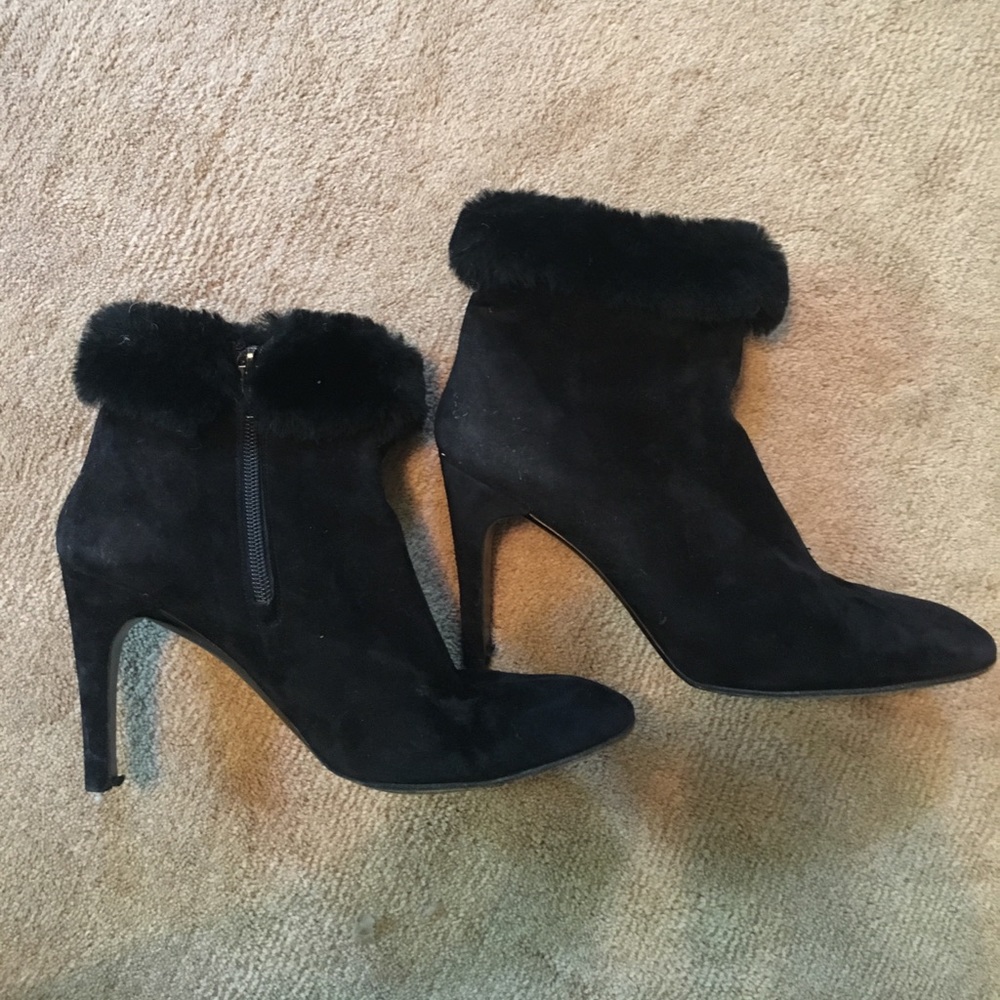 Christian Dior Black Suede Fur Trim Ankle Boots