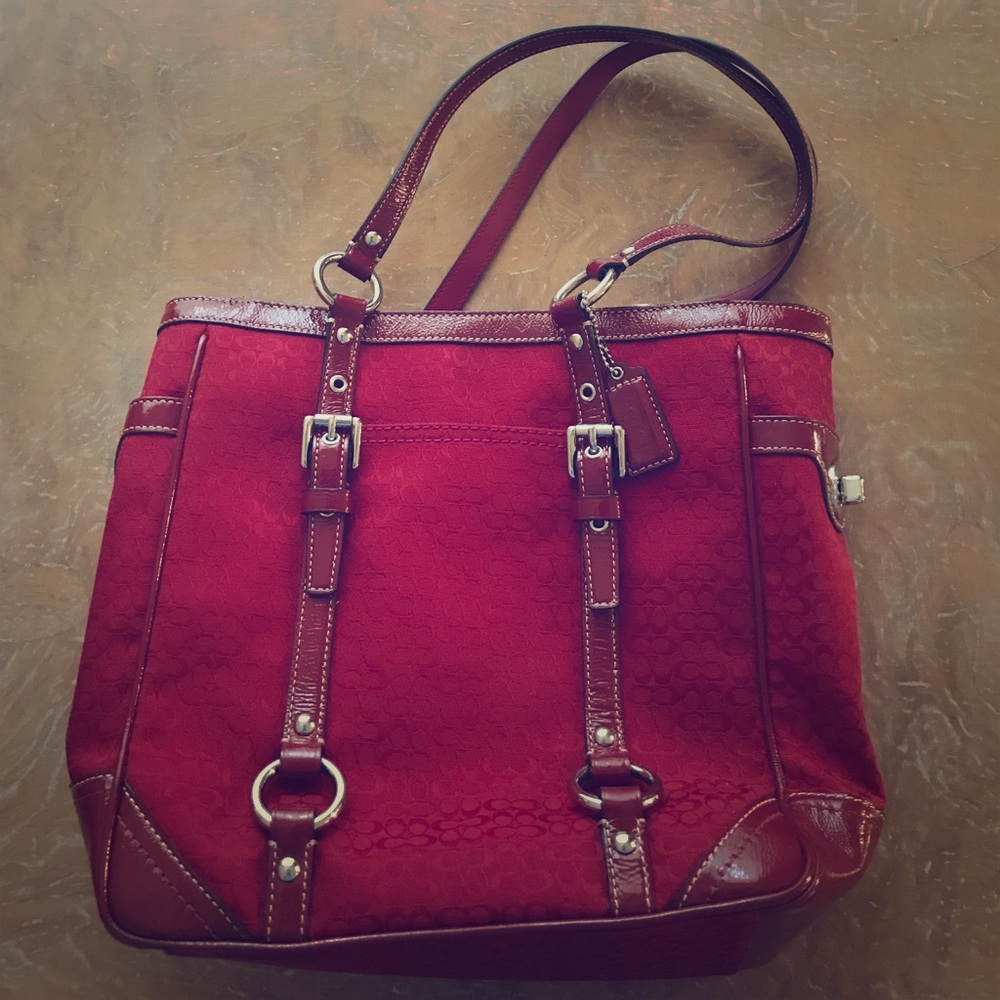 Coach red patent leather and fabric shoulder bag