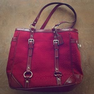 Coach red patent leather and fabric shoulder bag