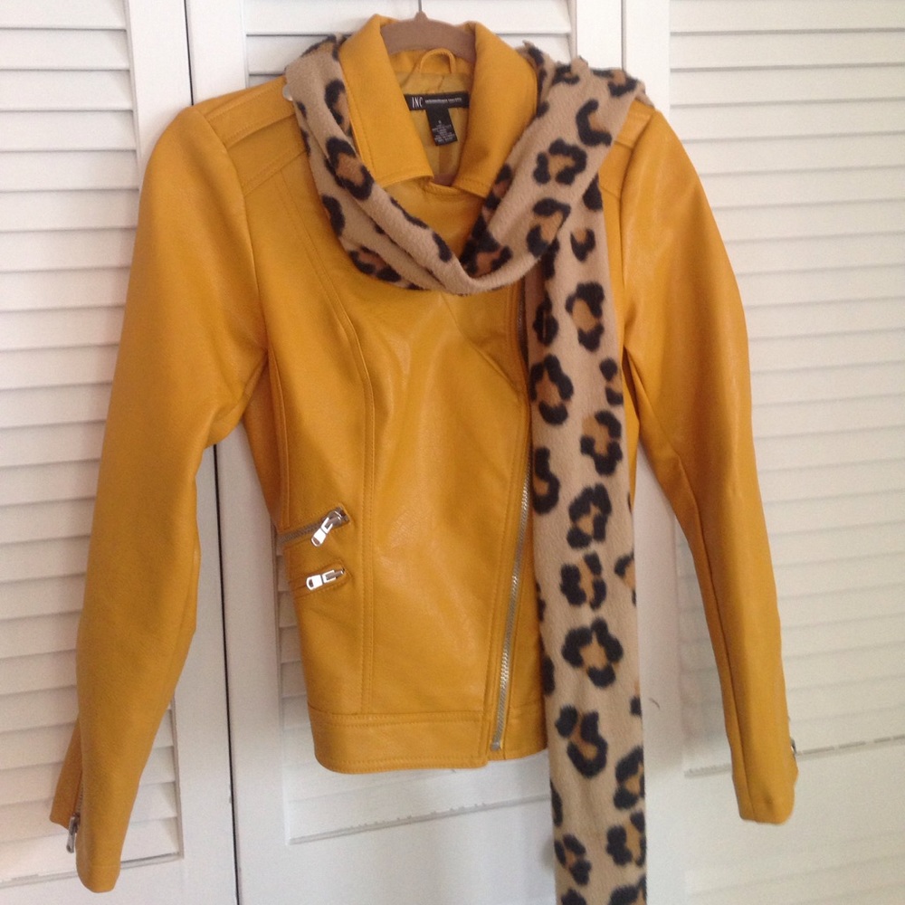 Edgy butterscotch yellow leather jacket.