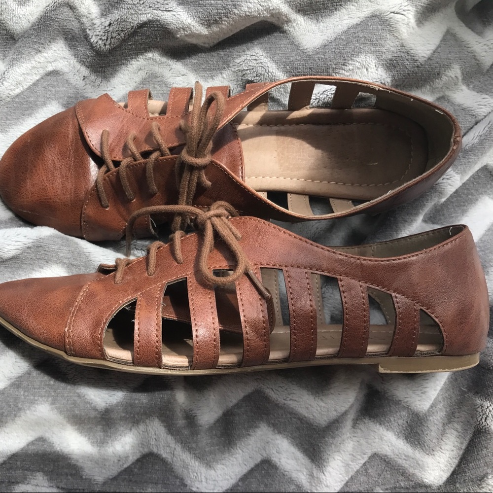 lace up light brown leather flats