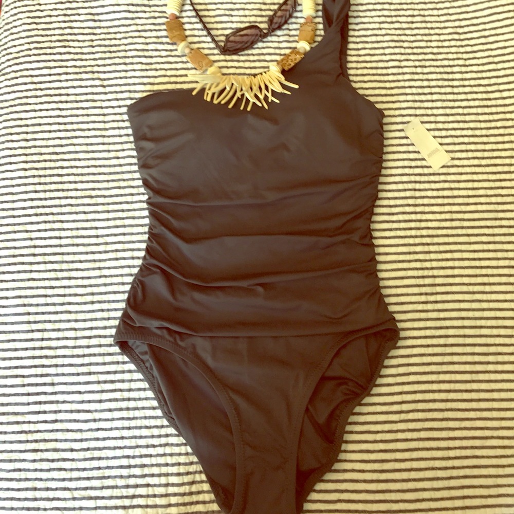 Ann Taylor LOFT Beach Charcoal One Shoulder Suit