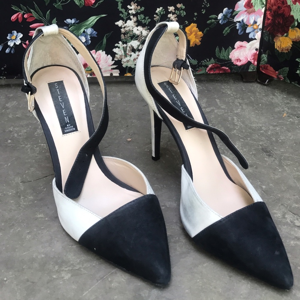 Black & White Suede Ankle Strap Pumps