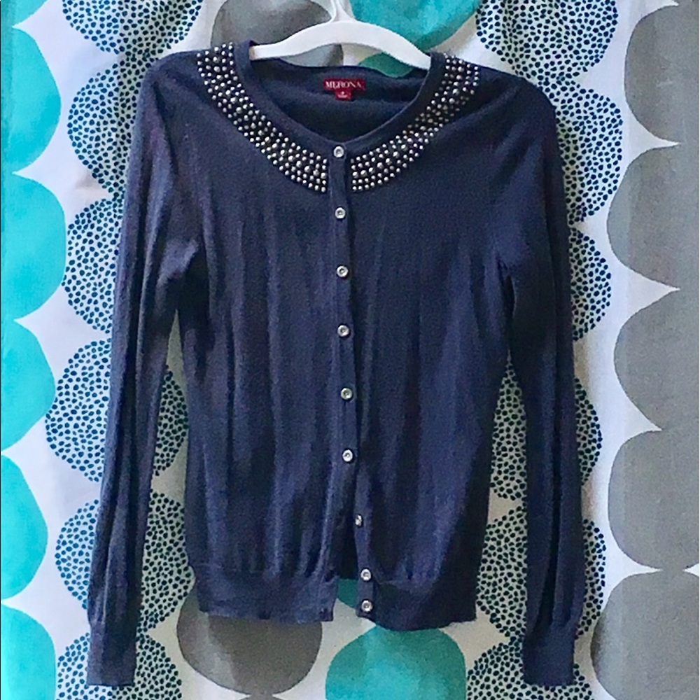 light navy cardigan w/ collar embellishments