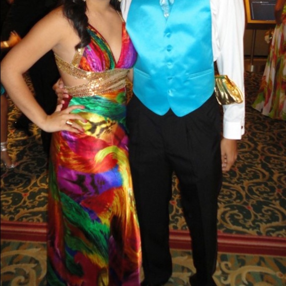 Dave and Johnny Gold Accent Print Gown