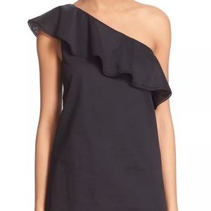 Theory one shoulder ruffle blouse, navy size xs
