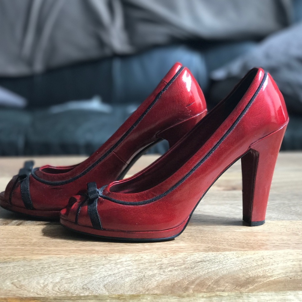 Red and black patent leather Paolo peep-toe pumps
